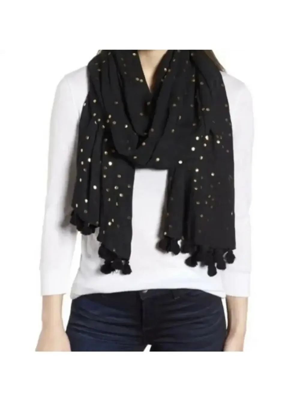Kate Spade Scarf 74x24 Black Metallic Gold Confetti Polka Dot Pom Pom Shawl NYE